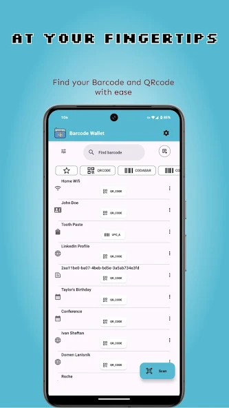 Barcode Wallet saved code list with search and format filters