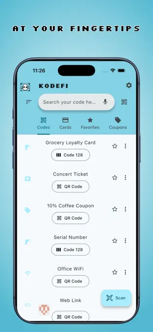 KodeFi wallet with codes, cards, favorites, and coupons